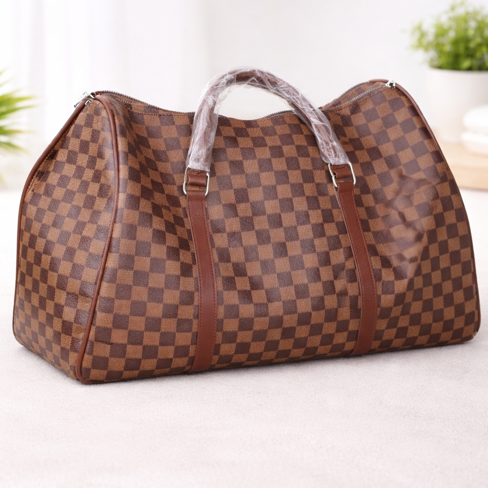 Brown Checkered Travel Duffel Bag